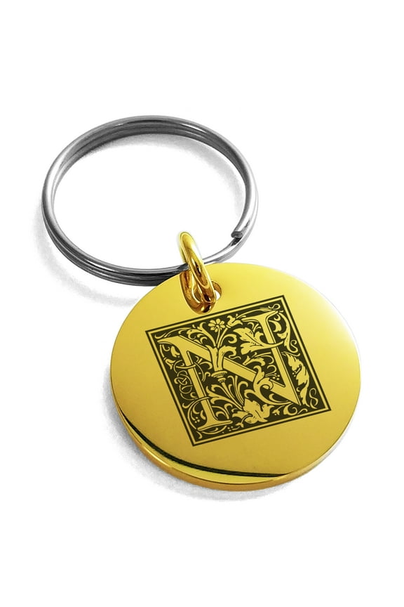Stainless Steel Letter N Initial Floral Box Monogram Engraved Small Medallion Circle Charm Keychain Keyring