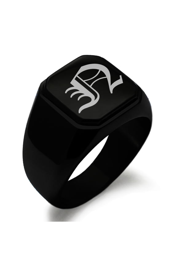 Stainless Steel Letter N Initial Old English Monogram Engraved Engraved Square Flat Top Biker Style Polished Signet Ring