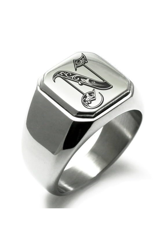 Stainless Steel Letter N Initial Royal Monogram Engraved Engraved Square Flat Top Biker Style Polished Signet Ring
