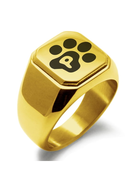 Stainless Steel Letter P Initial Cat Dog Paws Monogram Engraved Engraved Square Flat Top Biker Style Polished Signet Ring