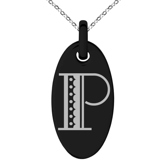 Tioneer Stainless Steel Letter P Initial Metro Retro Monogram Engraved Small Oval Charm Pendant Necklace