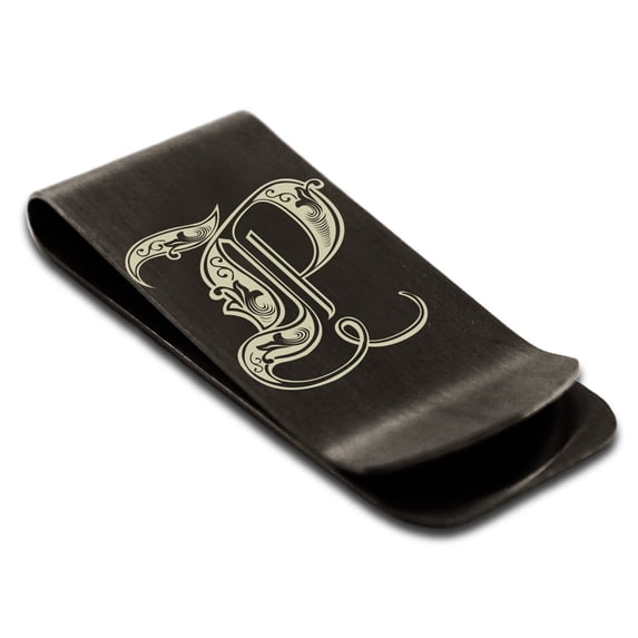 Tioneer Stainless Steel Letter P Initial Royal Monogram Engraved Engraved Money Clip Credit Card Holder
