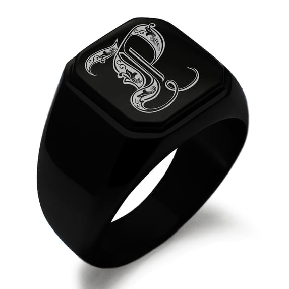 Tioneer Stainless Steel Letter P Initial Royal Monogram Engraved Engraved Square Flat Top Biker Style Polished Signet Ring