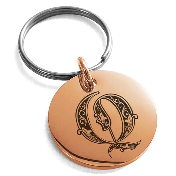 Tioneer Stainless Steel Letter Q Initial Royal Monogram Engraved Small Medallion Circle Charm Keychain Keyring
