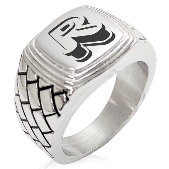 Tioneer Stainless Steel Letter R Alphabet Initial 3D Monogram Geometric Pattern Step-Down Biker Style Polished Ring