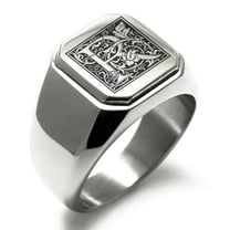Tioneer Stainless Steel Letter R Initial Floral Box Monogram Engraved Engraved Square Flat Top Biker Style Polished Signet Ring
