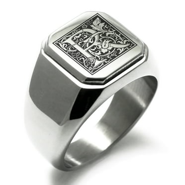 Tioneer Stainless Steel Letter R Initial Floral Box Monogram Engraved Engraved Square Flat Top Biker Style Polished Signet Ring