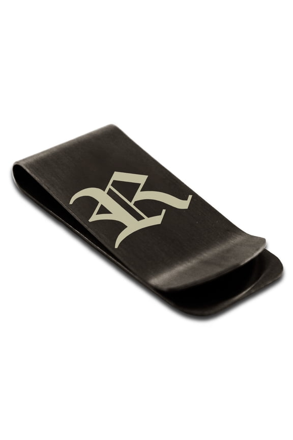 Stainless Steel Letter R Initial Old English Monogram Engraved Engraved Money Clip Credit Card Holder