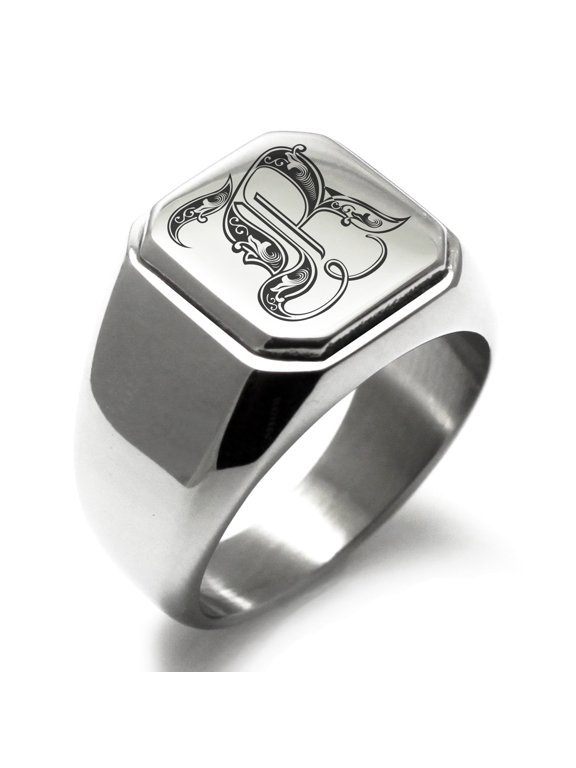 Stainless Steel Letter R Initial Royal Monogram Adult Engraved Square Flat Male Signet Ring
