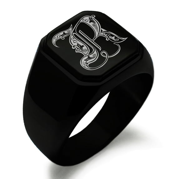 Tioneer Stainless Steel Letter R Initial Royal Monogram Engraved Engraved Square Flat Top Biker Style Polished Signet Ring