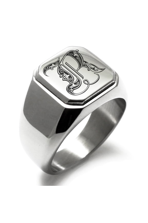 Stainless Steel Letter R Initial Royal Monogram Engraved Engraved Square Flat Top Biker Style Polished Signet Ring