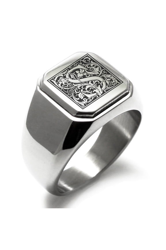 Stainless Steel Letter S Initial Floral Box Monogram Engraved Square Flat Top Biker Style Polished Signet Ring