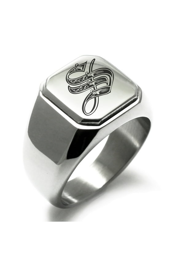 Stainless Steel Letter S Initial Royal Monogram Engraved Engraved Square Flat Top Biker Style Polished Signet Ring