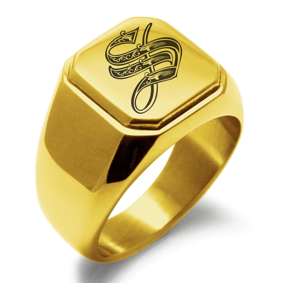 Tioneer Stainless Steel Letter S Initial Royal Monogram Engraved Square Flat Top Biker Style Polished Signet Ring
