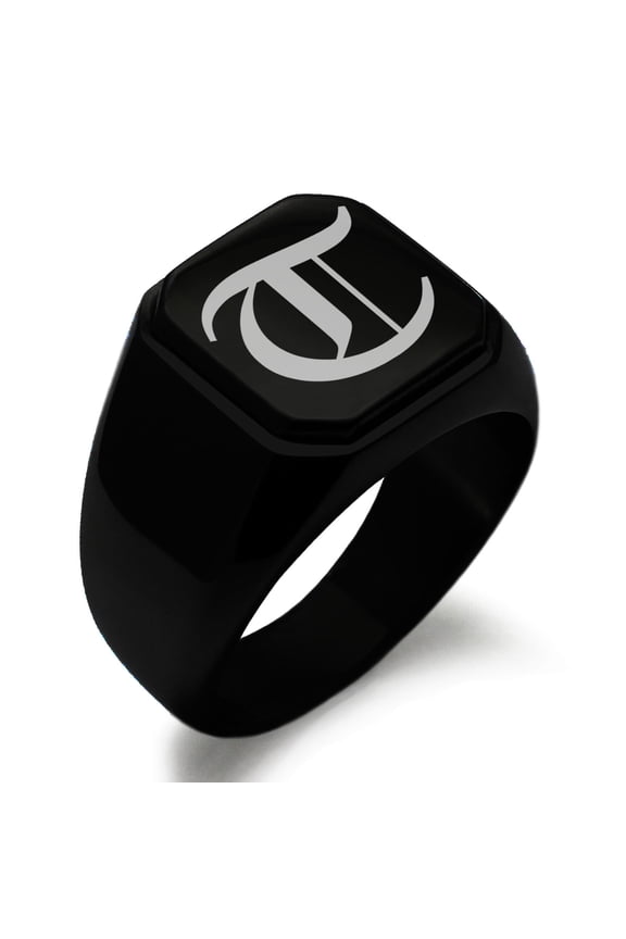 Stainless Steel Letter T Initial Old English Monogram Engraved Engraved Square Flat Top Biker Style Polished Signet Ring