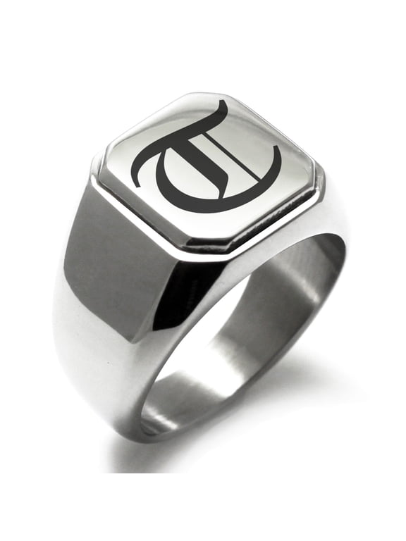 Stainless Steel Letter T Initial Old English Monogram Engraved Engraved Square Flat Top Biker Style Polished Signet Ring