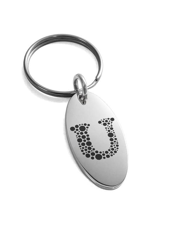 Stainless Steel Letter U Initial Dotted Monogram Engraved Small Oval Charm Keychain Keyring