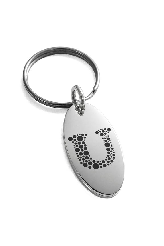 Stainless Steel Letter U Initial Dotted Monogram Engraved Small Oval Charm Keychain Keyring