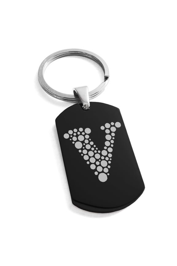 Stainless Steel Letter V Initial Dotted Monogram Engraved Dog Tag Keychain Keyring