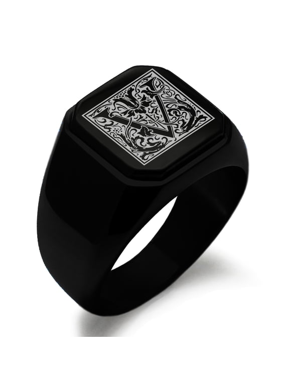 Stainless Steel Letter V Initial Floral Box Monogram Engraved Engraved Square Flat Top Biker Style Polished Signet Ring