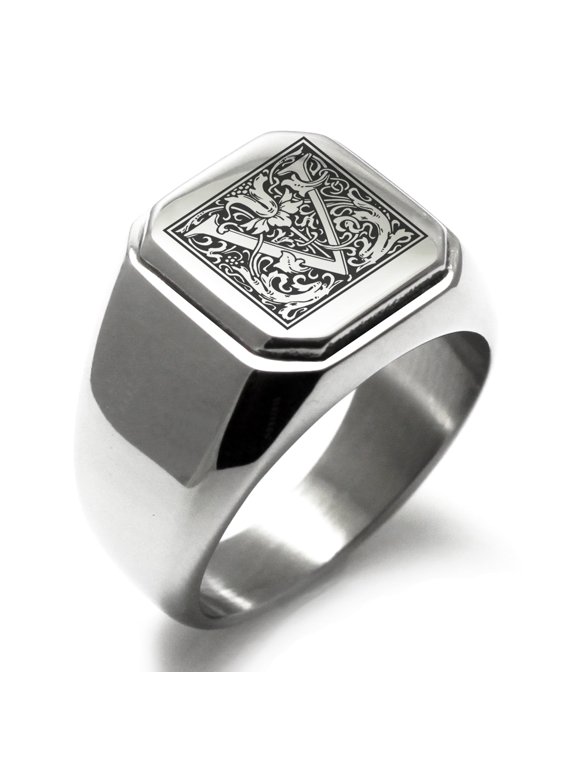 Stainless Steel Letter V Initial Floral Box Monogram Engraved Engraved Square Flat Top Biker Style Polished Signet Ring