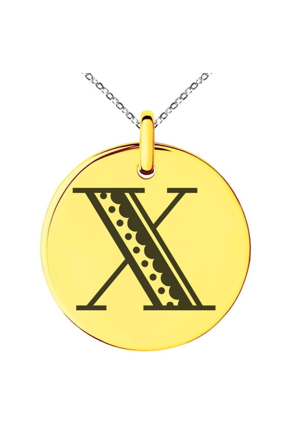 Stainless Steel Letter X Initial Metro Retro Monogram Engraved Small Medallion Circle Charm Pendant Necklace
