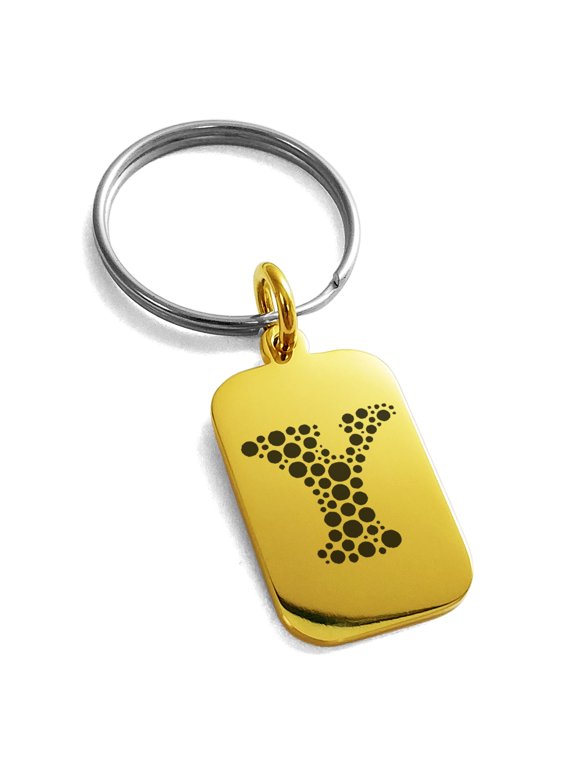 Stainless Steel Letter Y Initial Dotted Monogram Engraved Small Rectangle Dog Tag Charm Keychain Keyring