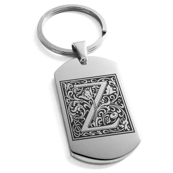 Tioneer Stainless Steel Letter Z Initial Floral Box Monogram Engraved Engraved Dog Tag Keychain Keyring