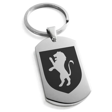 Tioneer  Stainless Steel Lion Courage Coat of Arms Shield Engraved Rectangular Dog Tag Keychain Keyring For Unisex 25mm.