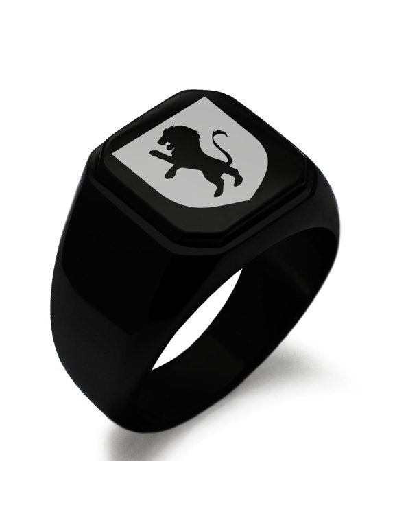 Stainless Steel Lion Courage Coat of Arms Shield Engraved Square Flat CZ Signet Ring