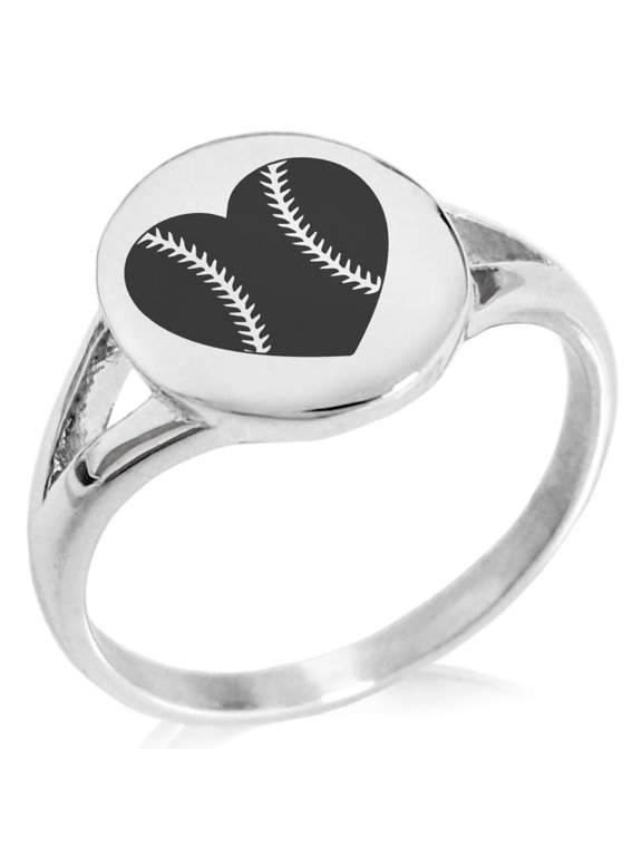 Stainless Steel Love Baseball Heart Minimalist Oval Top Polished Statement Ring