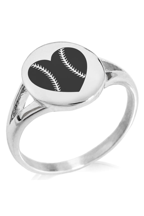 Stainless Steel Love Baseball Heart Minimalist Oval Top Polished Statement Ring