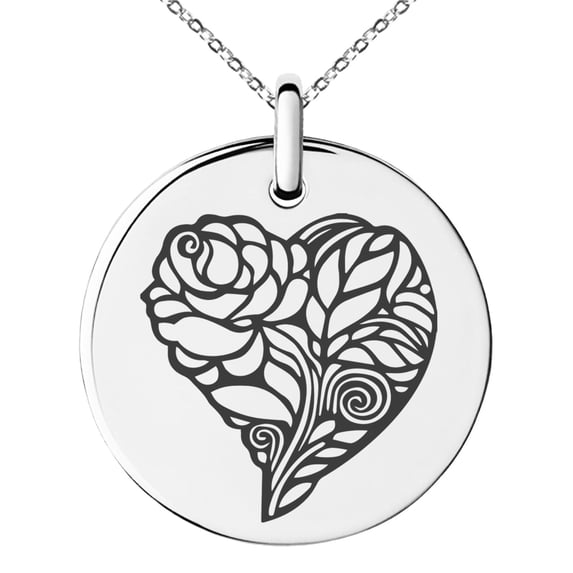 Tioneer Stainless Steel Love Heart Floral Rose Engraved Small Medallion Circle Charm Pendant Necklace