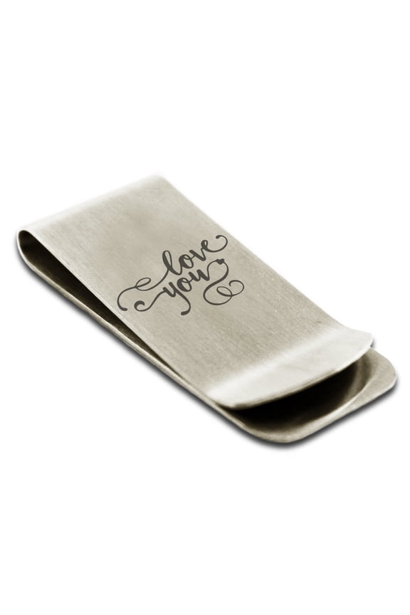 Stainless Steel Love You Calligraphy Swirl Engraved Money Clip Credit Card Holder