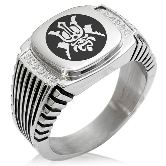Tioneer Stainless Steel Máscara Samurai Crest CZ Ribbed Needle Stripe Pattern Biker Style Polished Ring