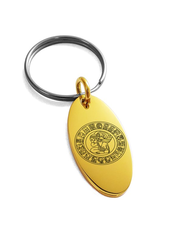 Stainless Steel Mayan Calendar Rune Engraved Small Oval Charm Keychain Keyring