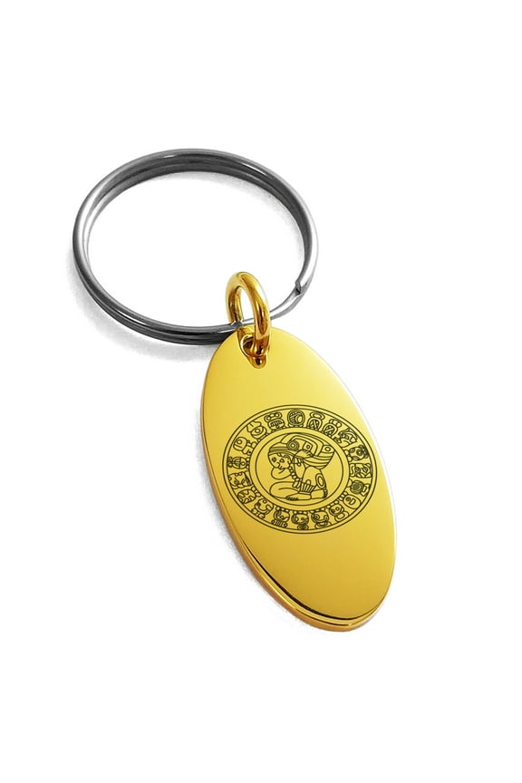 Stainless Steel Mayan Calendar Rune Engraved Small Oval Charm Keychain Keyring