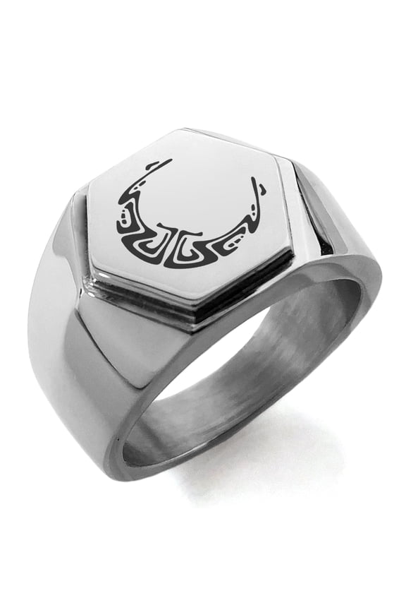 Stainless Steel Mayan Crescent Moon Rune Engraved Hexagon Crest Flat Top Biker Style Polished Ring