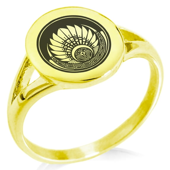 Tioneer Stainless Steel Mayan Quetzalcoatl Headdress Rune Minimalist Oval Top Polished Statement Signet Ring