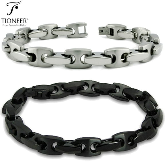 Tioneer Stainless Steel Men's Classic Marina Chain Link Bracelet 9" long x 10mm wide in Black or Silver