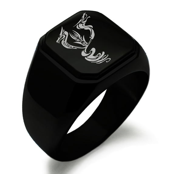 Tioneer Stainless Steel Menacing Hydra Engraved Square Flat Top Biker Style Polished Ring