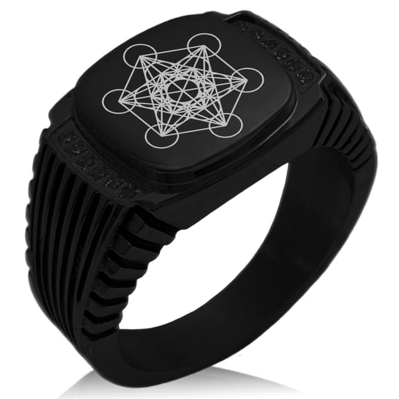 Tioneer Stainless Steel Metatron’s Cube CZ Ribbed Needle Stripe Pattern Biker Style Polished Ring