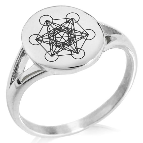 Tioneer Stainless Steel Metatron’s Cube Minimalist Oval Top Polished Statement Signet Ring