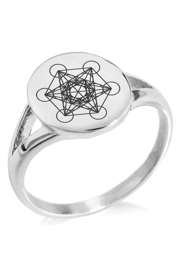 Stainless Steel Metatron’s Cube Minimalist Oval Top Polished Statement Signet Ring