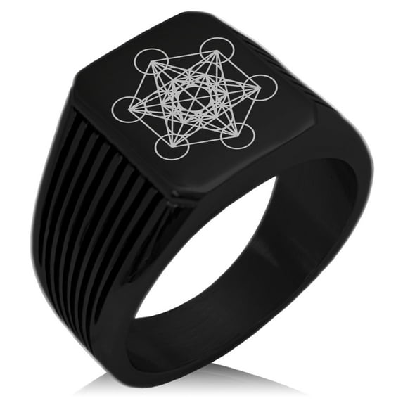 Tioneer Stainless Steel Metatron’s Cube Needle Stripe Pattern Biker Style Polished Ring
