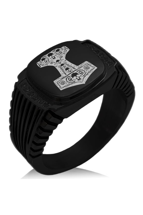 Stainless Steel Mjolnir Thor's Black Skull Hammer CZ Ribbed Needle Stripe Pattern Biker Style Polished Ring