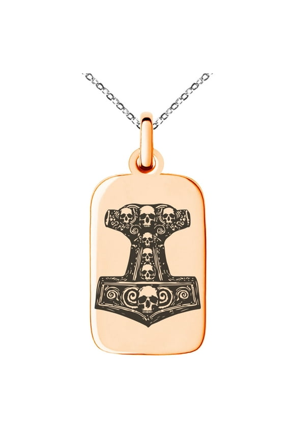 Stainless Steel Mjolnir Thor's Black Skull Hammer Engraved Small Rectangle Dog Tag Charm Pendant Necklace