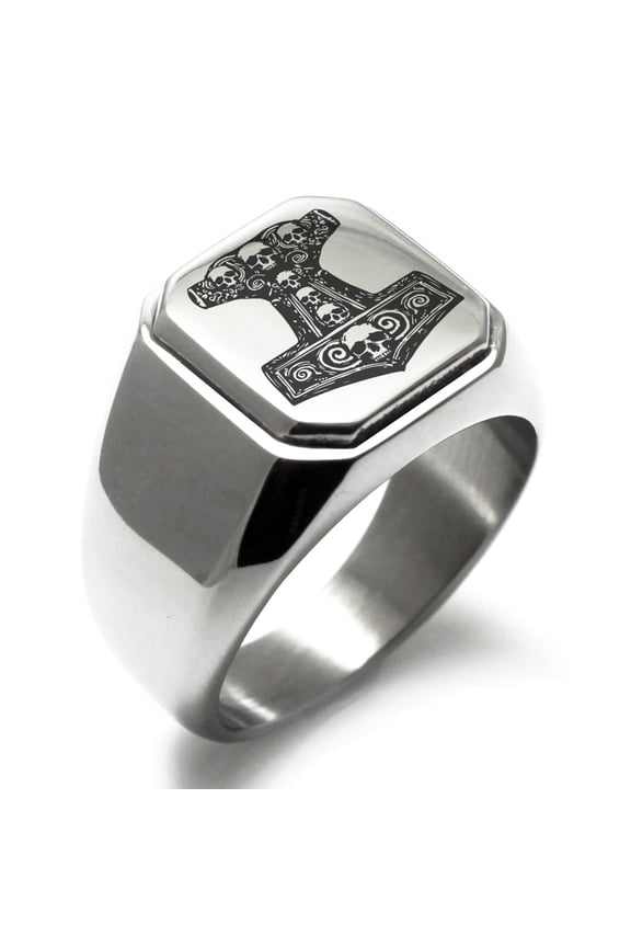 Stainless Steel Mjolnir Thor's Black Skull Hammer Engraved Square Flat Top Biker Style Polished Signet Ring