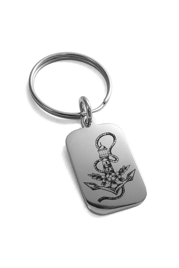 Stainless Steel Nautical Anchor Lighthouse Engraved Small Rectangle Dog Tag Charm Keychain Keyring