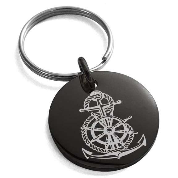 Tioneer Stainless Steel Nautical Anchor Ship Helm Wheel Engraved Small Medallion Circle Charm Keychain Keyring